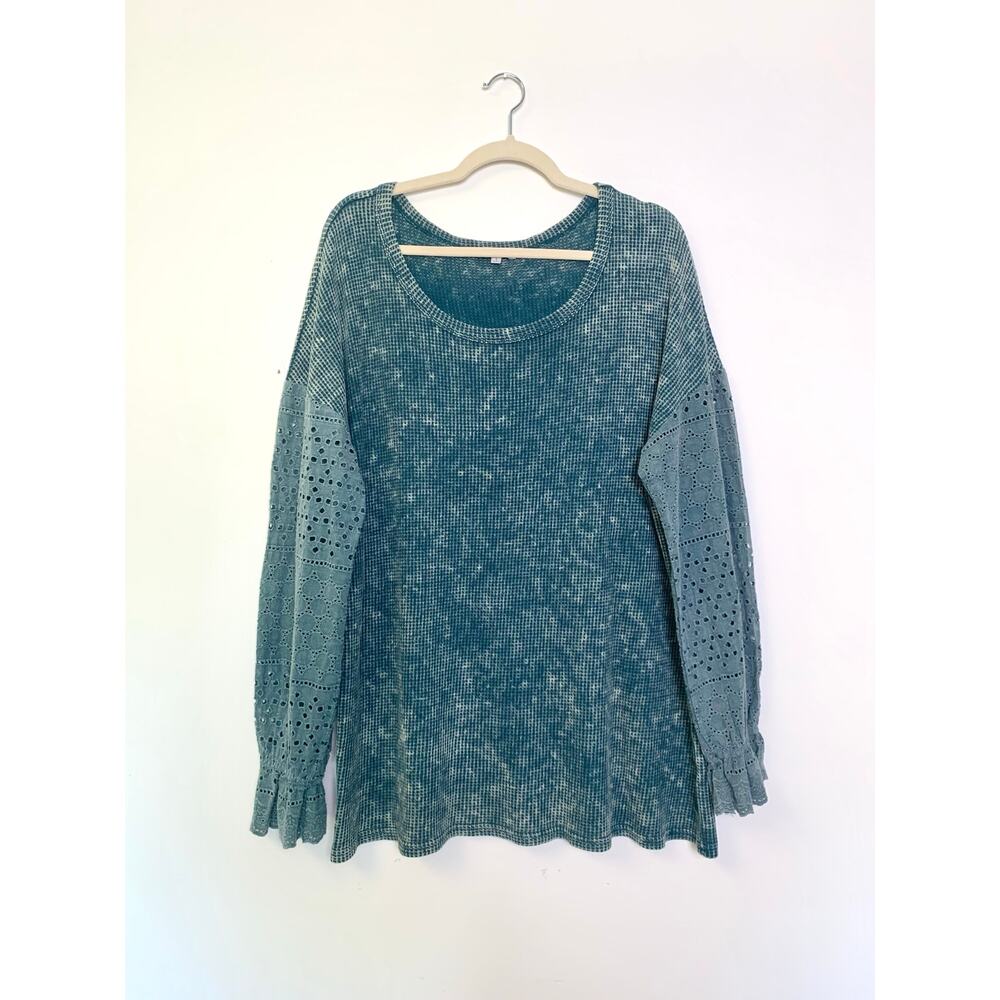 White Birch Teal Eyelet Sleeve Waffle Knit Cottagecore Casual Top Large Boho